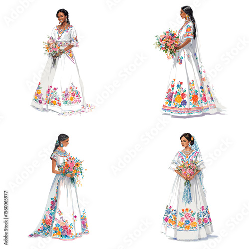 Mexican brides in colorful embroidered white dresses holding floral bouquets, perfect for cultural weddings, traditions, and ethnic beauty visuals.

