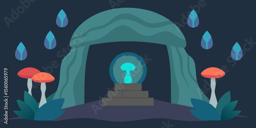 House window at night with silhouette flowers and a moonlit sky illustration