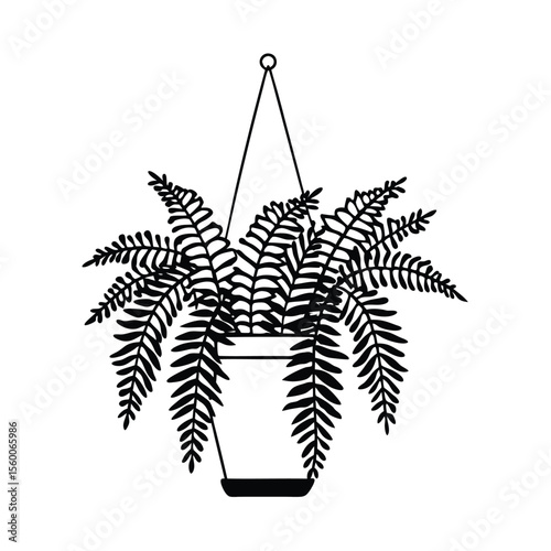 Fern leaves hanging from potted planter with small nameplate Vector illustration