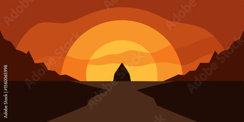 An orange desert landscape at dawn shows a man's silhouette against a sky with mountains, capturing the essence of nature's beauty