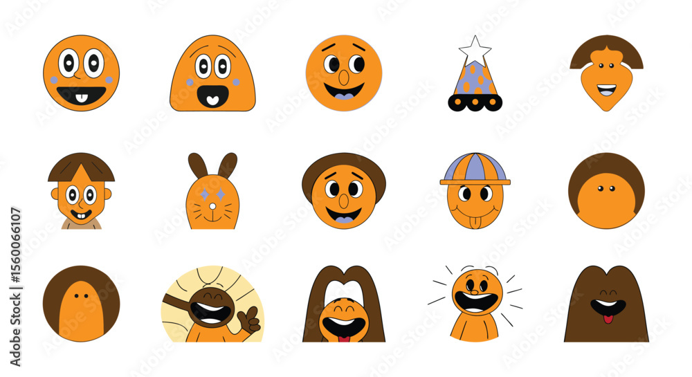 Obraz premium Set of Sixteen Unique Cartoon Faces in Orange Tones – Expressive Character Illustration Grid