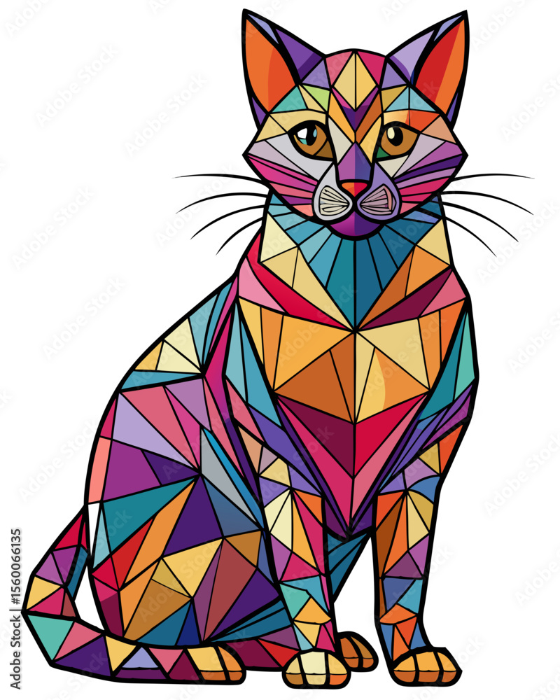 Cat, Stained Glass Style, Full body	, stained glass style, full body, pattern polygon, full color rainbow