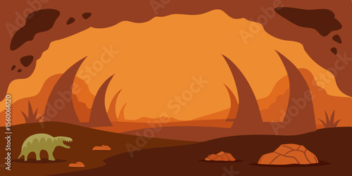 Vibrant vector illustration of a tropical desert sunset with a golden sun, sparse palm trees, and distant ocean waves under an orange sky