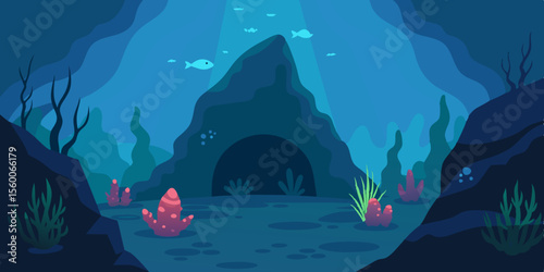 Blue abstract ocean underwater scene with fish and light