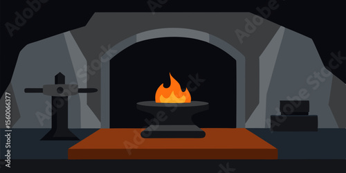 Enchanted Blacksmith's Forge Fiery Anvil and Cave Setting Illustration