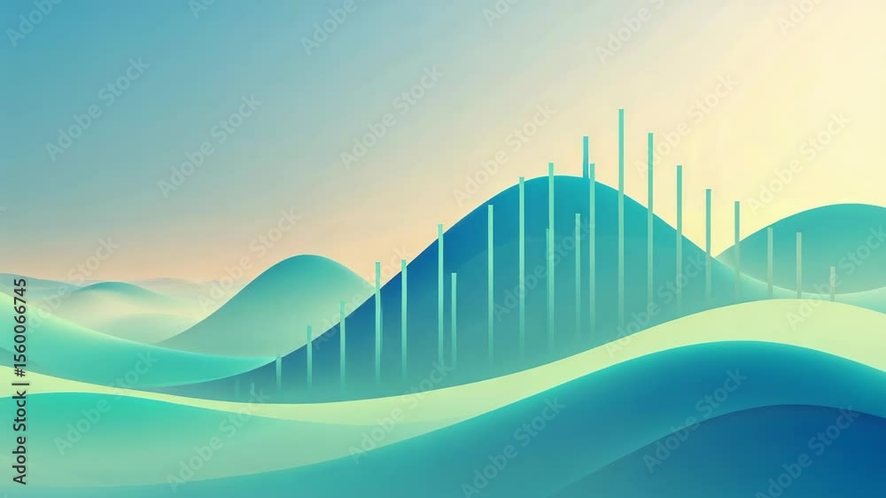 Opening with abstract wave shaped hills showing oscillating data bars under shifting gradient sky
