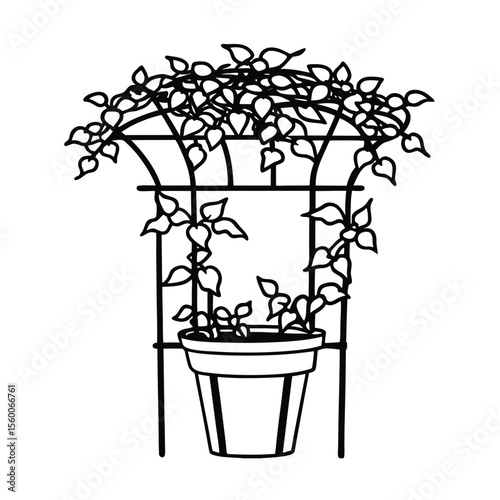 Creeping ivy climbing over trellised flower planter Vector illustration