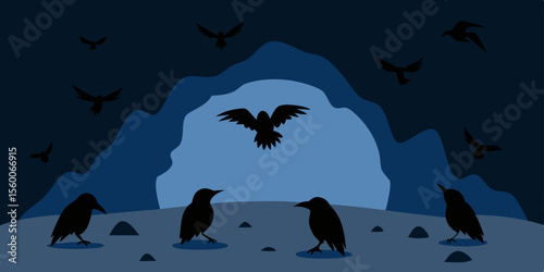 Flying bats silhouette the spooky Halloween night sky with a full moon