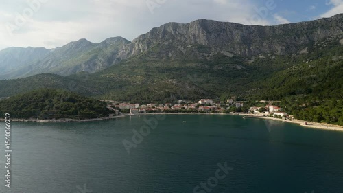 Aerial view of Drvenik coastline and mountains, Croatia.