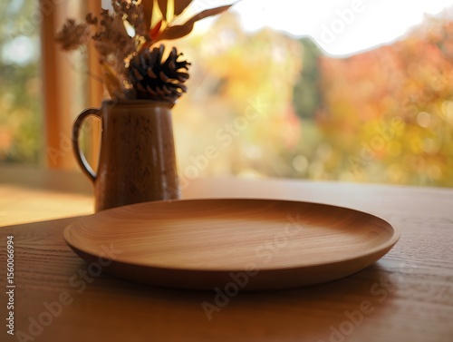 Wooden plate on table with fall foliage background for food photography and product display