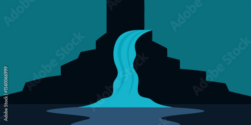 Black and white illustration vector silhouette of a man on a rock with cliffs and a calm ocean