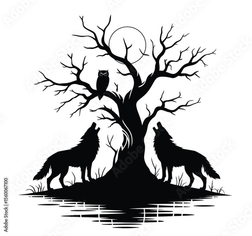 Howling Wolves and Bare Tree Silhouette – Mystical Black and White Woodland Scene with Owl and Reflection