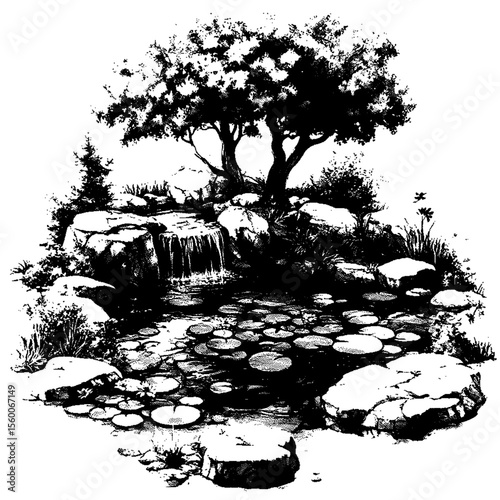 Ink drawing of a pond and waterfall area on transparent background