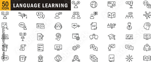 Language learning editable outline icon set. Translation education speaking reading listening and more
