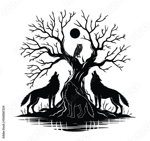Howling Wolves and Bare Tree Silhouette – Mystical Black and White Woodland Scene with Owl and Reflection