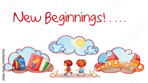 Illustration featuring children, school supplies, and houses under a sunny cloudscape with new beginnings