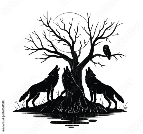 Howling Wolves and Bare Tree Silhouette – Mystical Black and White Woodland Scene with Owl and Reflection