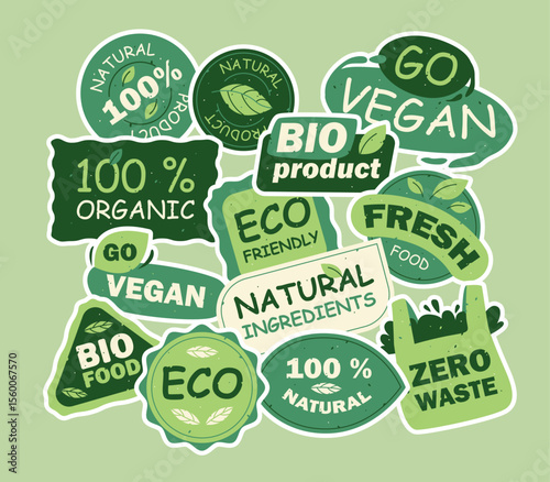 Eco-friendly label vector illustration featuring organic, vegan, and zero waste design elements. Green icons and stickers. Organic label.