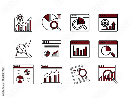 Set of Twelve Data Analysis and Visualization Icons, Hand-Drawn Business Intelligence Tools