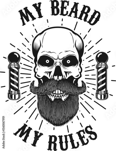Barbershop. Illustration of bearded skull isolated on white background. Design element for barber shop poster, card, emblem, sign, label. Vector illustration