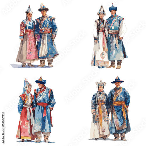 Couples in traditional Mongolian clothing with embroidered robes and hats, perfect for heritage culture, ethnic fashion, and ceremonial events.

