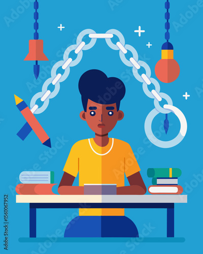 A student sitting at their desk surrounded by invisible chains that represent the high expectations and pressures of academic success.. Vector illustration