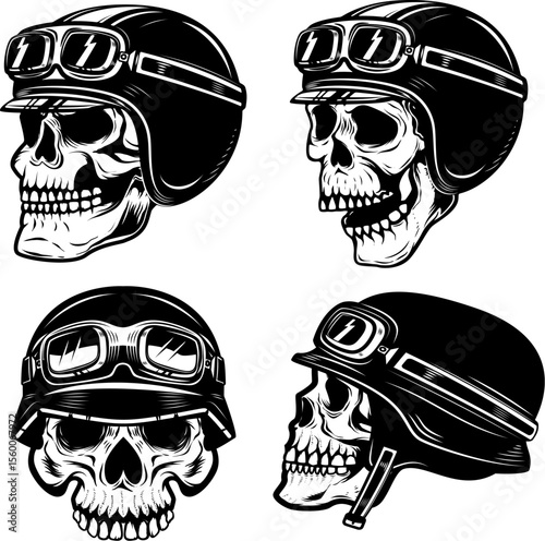 Illustration of skull in racer helmet. Design element for poster, card, banner, emblem, sign. Vector illustration