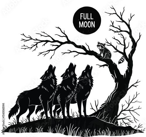 Howling Wolves and Bare Tree Silhouette – Mystical Black and White Woodland Scene with Owl and Reflection