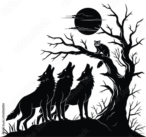 Howling Wolves and Bare Tree Silhouette – Mystical Black and White Woodland Scene with Owl and Reflection