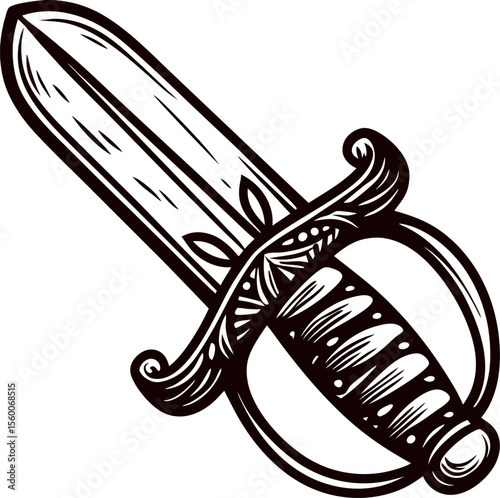 Heraldic medieval dagger illustration with ornate guard and engraved blade in vintage hand drawn engraving