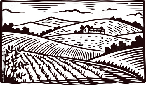 Hand drawn rural landscape with hills, farmhouse, and fields in vintage engraved sketch