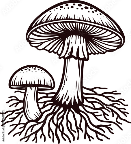Detailed vintage hand drawn illustration of wild mushrooms with exposed roots isolated on white background