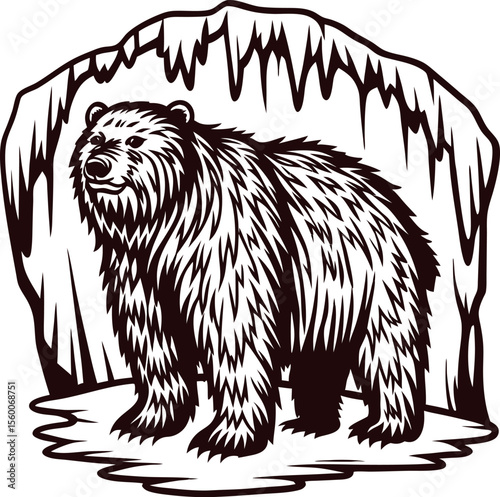 Wild grizzly bear standing in front of cave entrance, black and white vintage etched illustration