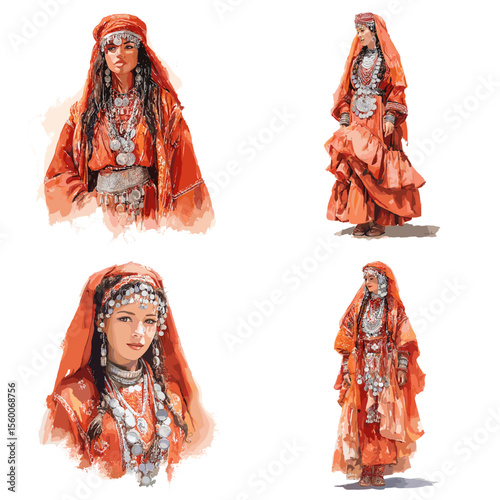 Woman in traditional orange ethnic dress adorned with silver jewelry, ideal for cultural heritage, tribal fashion, and folk identity visuals.

