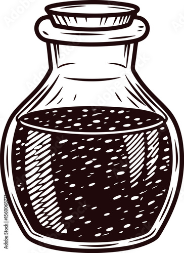 Hand drawn glass potion bottle filled with dark liquid vintage engraving container illustration