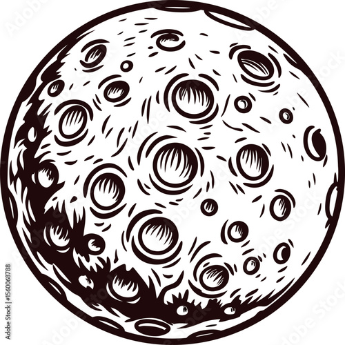 Vintage engraved illustration of the moon with detailed craters and rough surface isolated on white background
