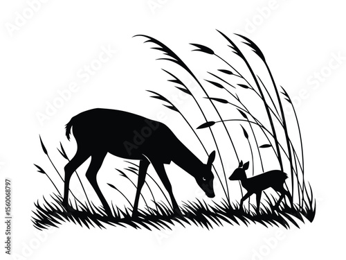 Silhouette of Deer and Fawn in Tall Grass Black and White Wildlife Illustration
