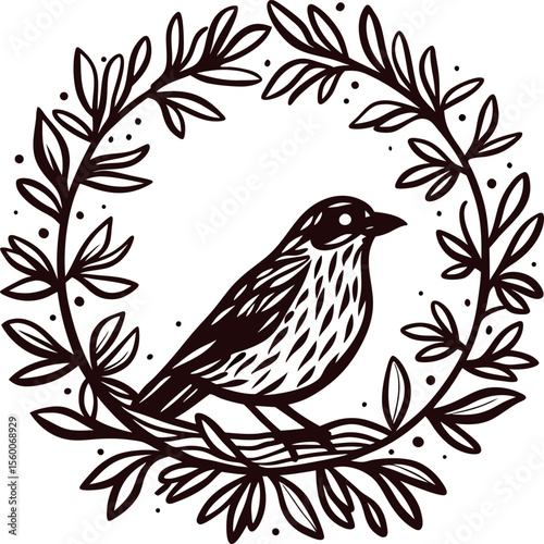 Hand drawn bird surrounded by leafy wreath vintage engraving illustration in black and white