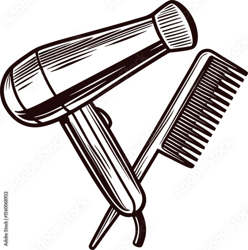 Vintage hand drawn hair dryer and comb illustration for salon or barber shop design