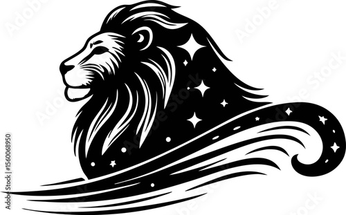 Majestic lion head silhouette with flowing mane and starry cosmic elements in bold black and white illustration