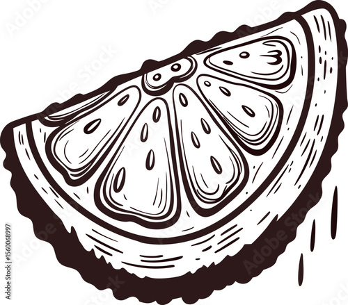 Hand drawn citrus lemon slice with seeds and dripping juice vintage engraved botanical illustration