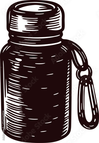 Hand drawn reusable water bottle with carabiner sketch isolated on white background