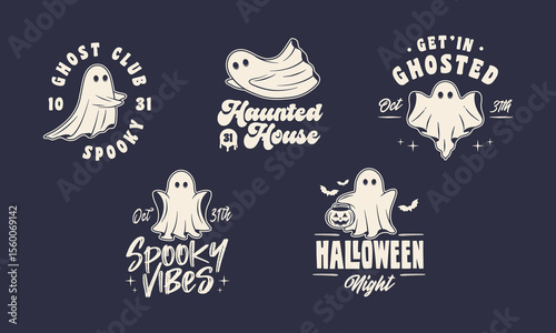 Spooky Ghost labels, emblems. Scary ghost emblems. Ghost vintage icons. Hipster design. Print for T-shirt. Vector illustration