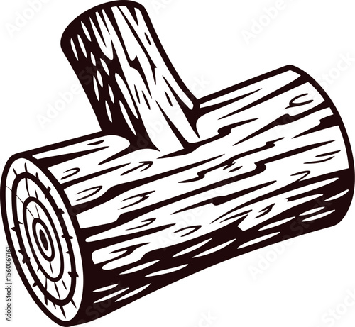 Vintage hand drawn illustration of a wooden log stump with visible tree rings and textured bark detail