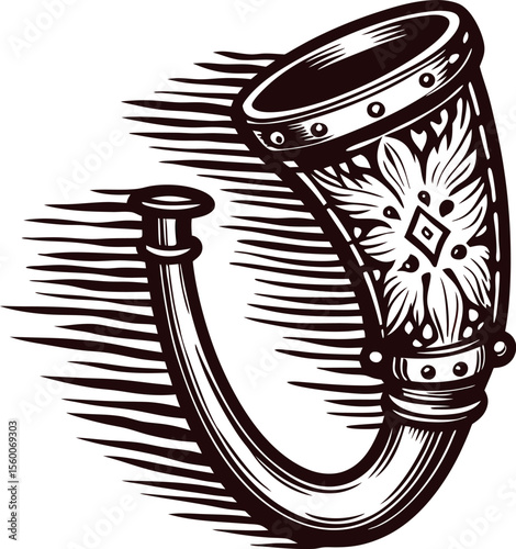 Ornate hand drawn engraved drinking horn in vintage etching with decorative floral pattern