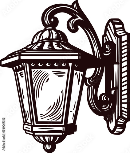Hand drawn vintage wall mounted lantern lamp with ornate metal detailing isolated on white background