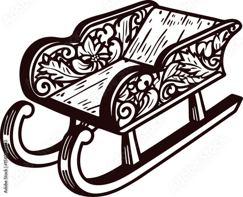 Hand drawn ornate vintage sleigh with intricate floral patterns and decorative wooden carvings