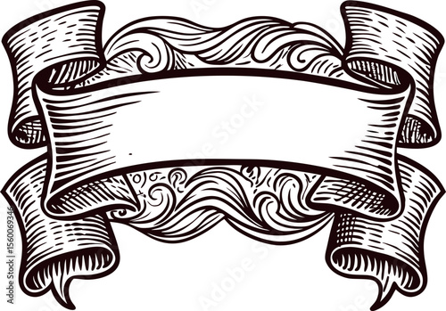 Vintage hand drawn ornate banner with swirling decorative elements and blank ribbon scroll illustration