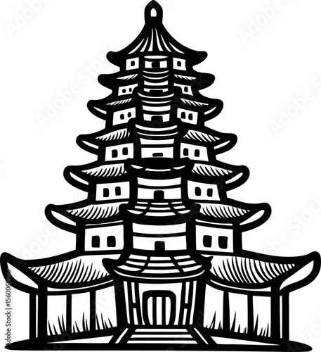 Traditional asian pagoda temple illustration with ornate multi tiered roof and entrance in black ink vintage