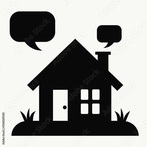 Black silhouette of a house with speech bubbles and grass  